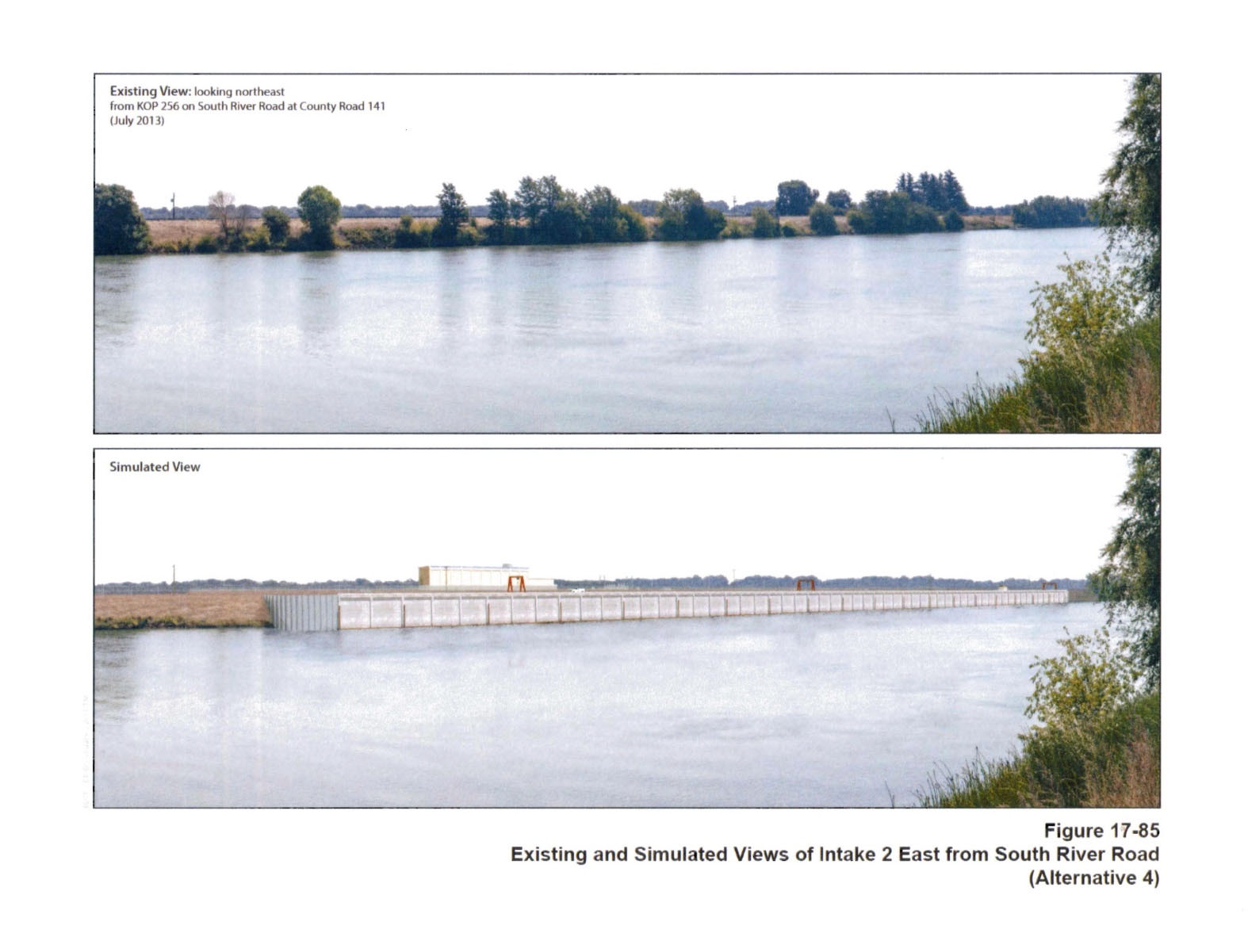 Image showing Existing and Simulated Views of Intake 2 East from South River Road. ​Each screen is over 1,300 feet long