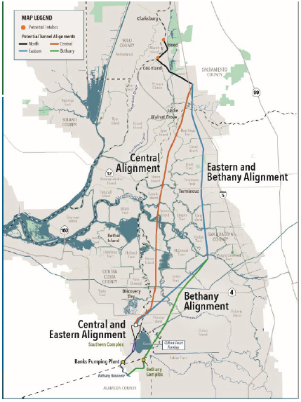 Map showing different proposed routes of the tunnels by California Department of Water Resources
